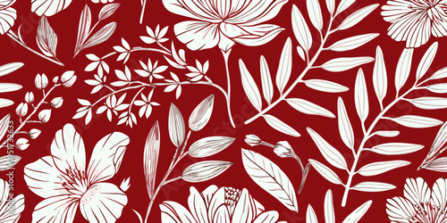 Elegant floral pattern featuring white blossoms and foliage on red