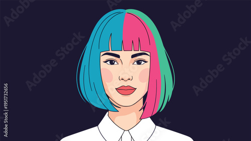 Front-facing portrait of a woman with a stylish bob haircut, featuring distinctive blue, pink, and green split-dyed hair, on a dark background.