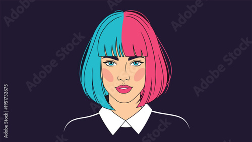 Vibrant front-facing portrait of a woman with a fashionable bob haircut, featuring striking blue and pink split-dyed hair, on a dark background.
