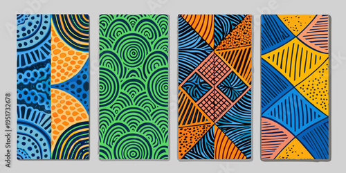 Five vertical panels featuring vibrant hand drawn zentangle style patterns