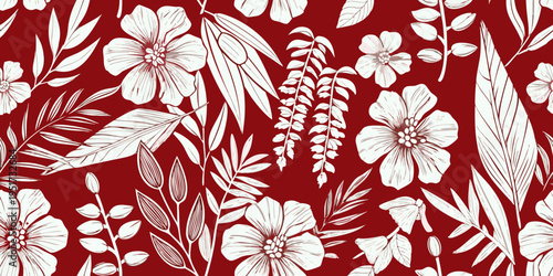 Elegant floral pattern with white botanical illustrations on a red background