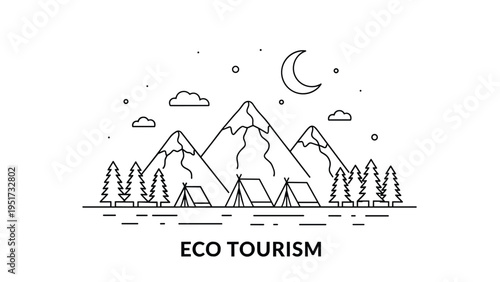 Minimalist line art illustration depicting an eco-tourism campsite with mountains, pine trees, and tents under a night sky with a crescent moon.