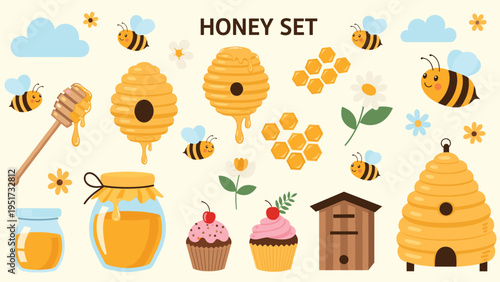 Charming honey-themed set featuring beehives, buzzing bees, honeycomb, jars of honey, flowers, and cupcakes, on a light background.