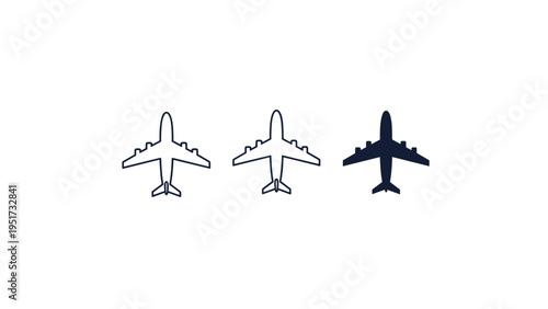 Set of three airplane icons in different styles, including outlined and solid black versions, representing air travel and aviation on white.