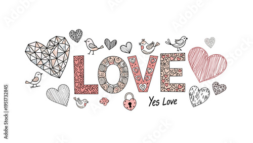 Charming LOVE typography design with decorative hearts, birds, and intricate patterns, showcasing a romantic and artistic sentiment.