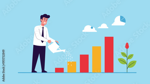 Dedicated businessman nurturing financial growth by watering a rising bar graph with a watering can next to a small plant.