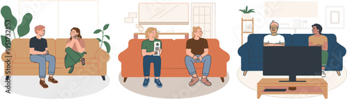 Set of Friends Engaged in Video Gaming and Television Viewing, Concept of Modern Home Entertainment, Social Connectivity, Digital Leisure, and Shared Domestic Lifestyle Vector Illustration
