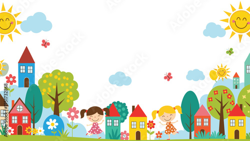 Whimsical cartoon illustration of a happy neighborhood with colorful houses, smiling suns, and playful children in a vibrant landscape.