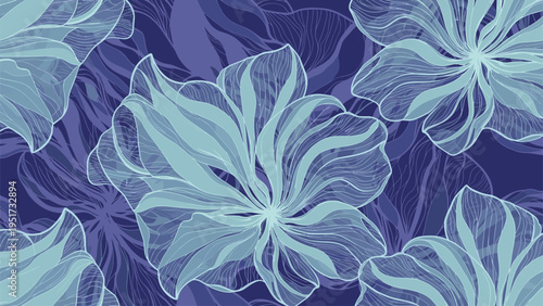 Beautiful seamless pattern featuring abstract transparent blue and purple floral motifs with delicate wavy lines, creating a dreamy and ethereal design.