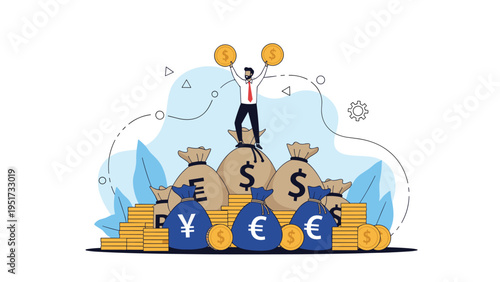 Victorious man standing on a pile of money bags with various currency symbols while holding gold coins, representing extreme wealth.