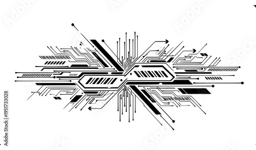 A futuristic circuit board design in black and white with geometric lines