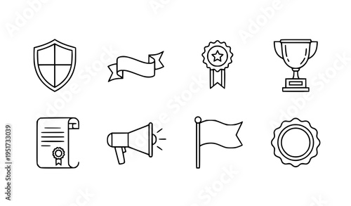 A set of eight black and white line art icons representing awards and recognition