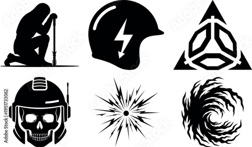 Collection of mysterious and symbolic black icons isolated on transparent background