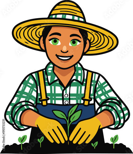Colorful bold line art sticker of a farmer planting seedlings in a row, thick outline, minimal composition, white background