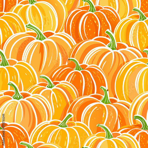 A seamless pattern of bright orange pumpkins with green stems