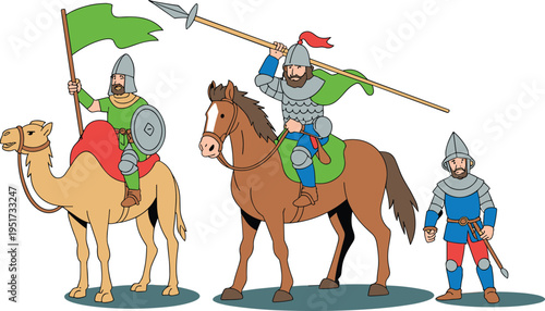 Medieval Warriors with Camel, Horse, and Foot Soldier, Concept of Historical Warfare, Ancient Military Strategy, Diverse Cultural Combat Units, and Medieval Defense Vector Illustration