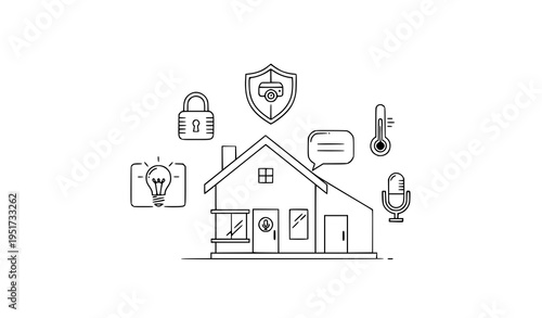 A smart home icon with various security and automation symbols surrounding it