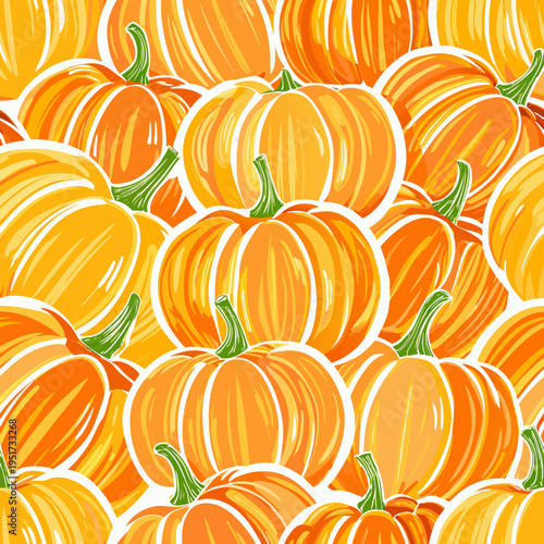 A vibrant repeating pattern of hand drawn style orange pumpkins
