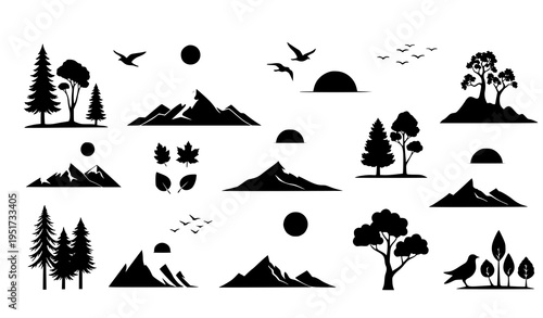 A set of minimalist nature icons featuring mountains, trees, and birds in silhouette