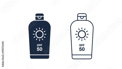 sunscreen bottle icons in both solid black and outline styles with spf 50 protection and a sun symbol for skin care and summer health themes.