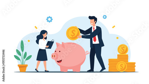 Businessman and woman putting large gold coins into a big pink piggy bank, illustrating corporate savings and financial planning.