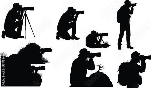 Silhouettes of photographers in diverse outdoor positions capturing nature scenes with cameras, tripods, and professional equipment