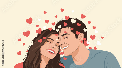 romantic illustration of a happy couple smiling and embracing with their eyes closed surrounded by many red and white hearts for love.