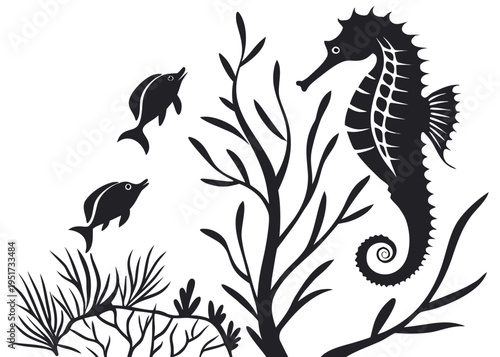 sea animals, fish, algae set silhouette ,on white background, vector

