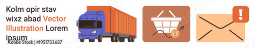 Logistics, e-commerce, delivery services, online shopping, business management, communication tools. A truck, shopping basket with arrow and envelope with alert icon. Logistics and e-commerce