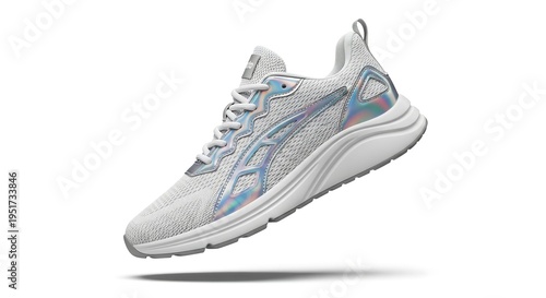 A sleek white sneaker with blue and pink accents is suspended in mid-air against a clean white background