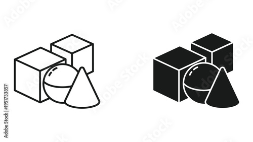 Geometric Shapes Icons: Cube, Sphere, Cone - Outline and Solid Fill Versions
