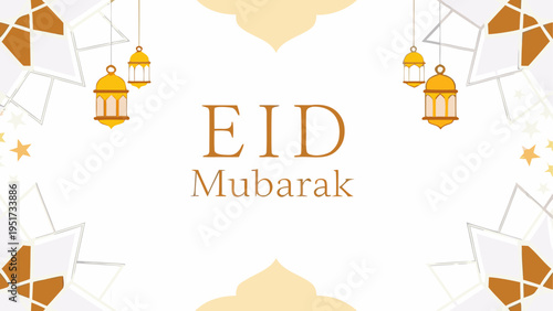 Eid mubarak greeting card design with golden lanterns and geometric islamic art patterns Vector