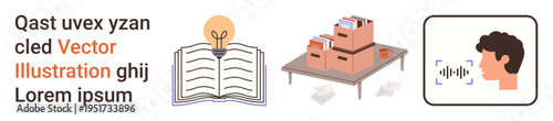 Education, knowledge storage, archive management, voice recognition, data organization, digital libraries. Open book with a bulb, stacked boxes on a table and a voice recognition icon. Education
