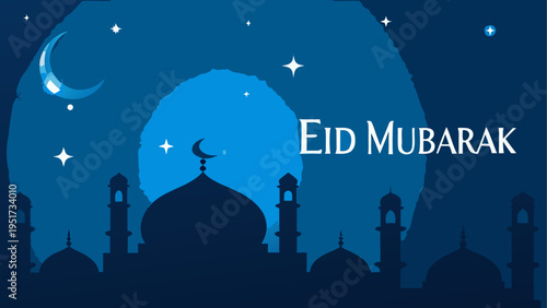 A festive eid mubarak greeting card featuring a mosque silhouette under a starry night sky scene Vector