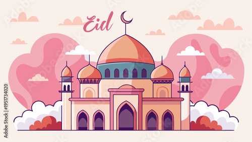 A beautiful illustration of a mosque with a crescent moon to celebrate the festival of eid mubarak Vector