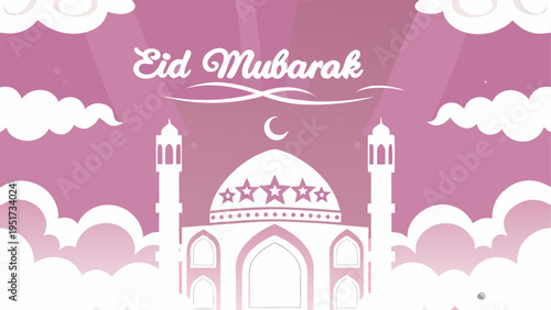 A festive eid mubarak illustration featuring a mosque silhouette with stars and clouds in purple Vector