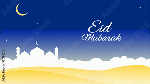 A serene night landscape featuring a white mosque silhouette under a crescent moon for eid mubarak Vector