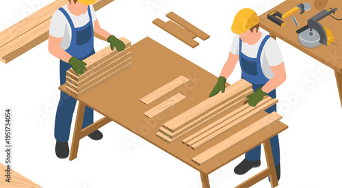 Isometric carpentry workshop with workers cutting wood planks, woodworking tools, timber processing, construction industry, craftsmanship illustration concept