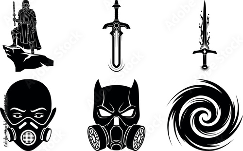 Collection of dark fantasy icons featuring swords masks and mystical symbols illustration