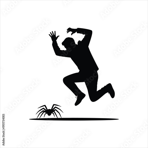 A black silhouette of a person jumping in fear because they have encountered a large spider below