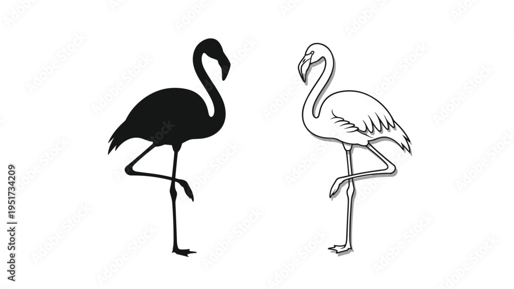 Obraz premium comparison between a black silhouette and a detailed line art drawing of a flamingo standing on one leg for artistic and design purposes.