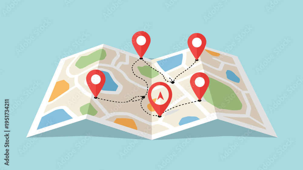 Fototapeta premium Folded paper map showing multiple red map pins connected by dotted lines representing a travel route or delivery locations.