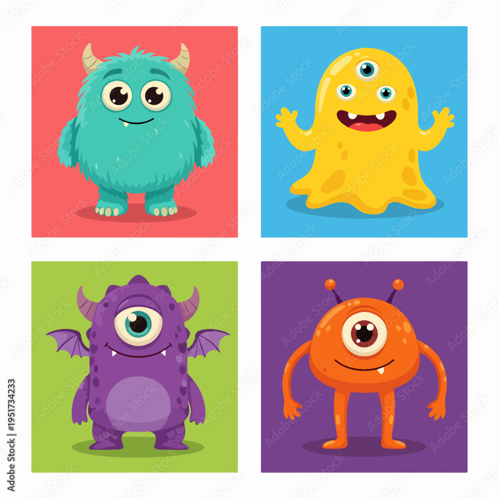 Fototapeta premium Funny cartoon monster collection with expressive faces perfect for children themed graphics