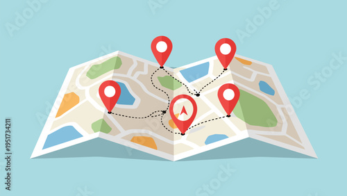 Folded paper map showing multiple red map pins connected by dotted lines representing a travel route or delivery locations.