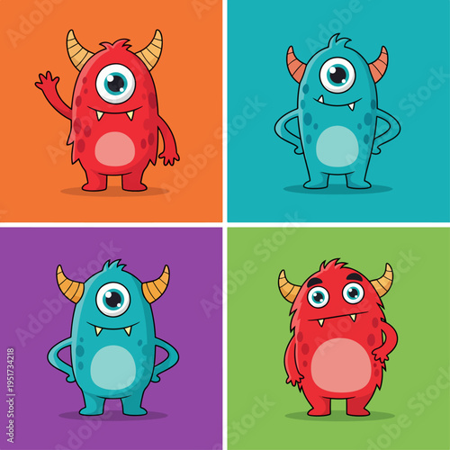 One-eyed green alien monster waving arms in cheerful greeting pose