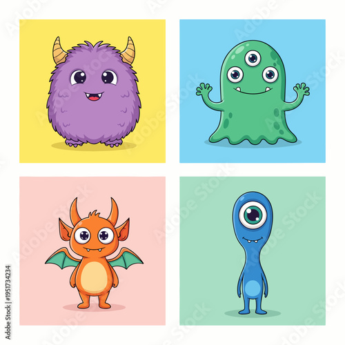 Cute fluffy monster set with big eyes and bright colors ideal for playful nursery artwork