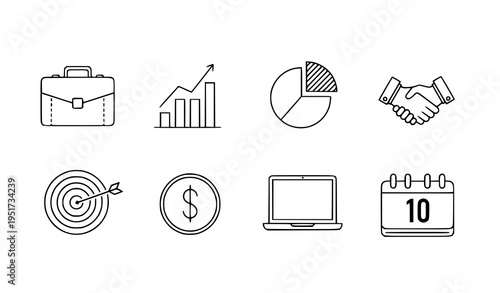 A set of business icons including briefcase, graph, pie chart, handshake, target, money, laptop, and calendar