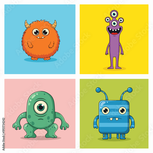 Cute fuzzy blue monster smiling with tiny horns and bright eyes