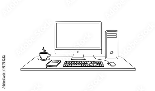 A minimalist line art illustration of a computer workspace with office supplies