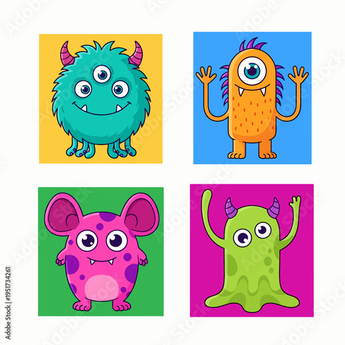 Four silly monsters posing happily in colorful cartoon square backgrounds